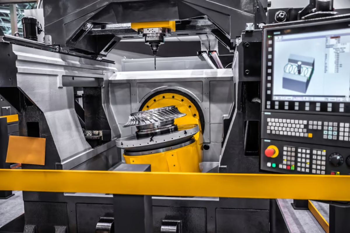 Digital twin technology visualizing a virtual manufacturing machine alongside its physical counterpart with real-time sensor data feeds