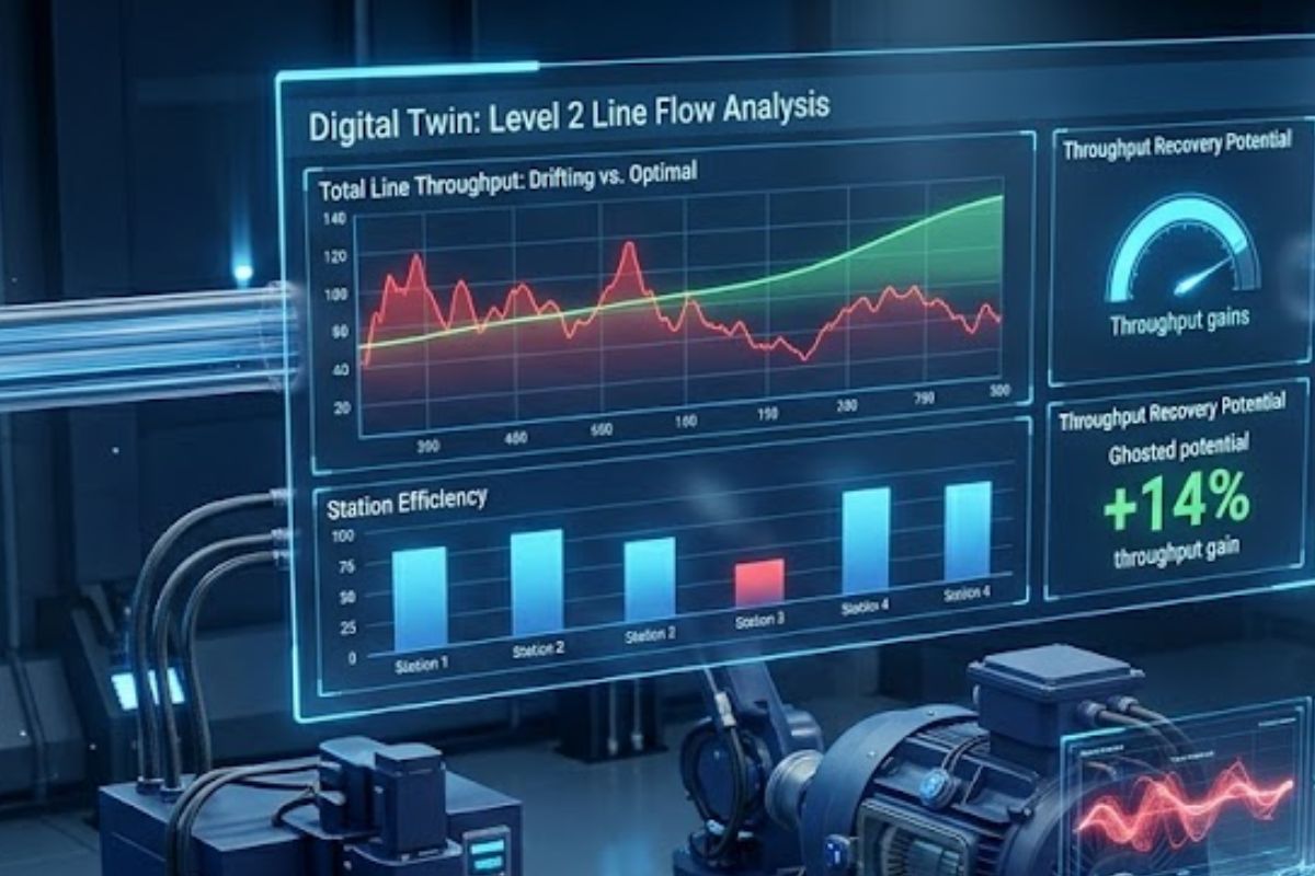 Digital twin visualization of manufacturing line with real-time sensor data overlay